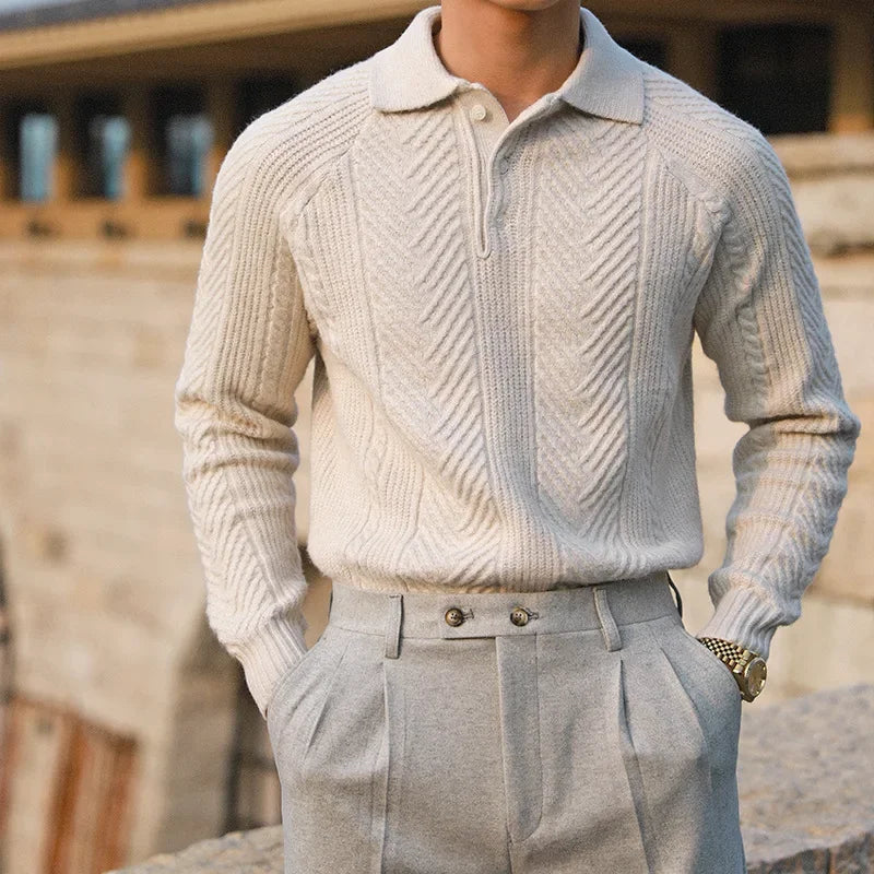 Men's relaxed-fit knit polo sweater in beige — additional view