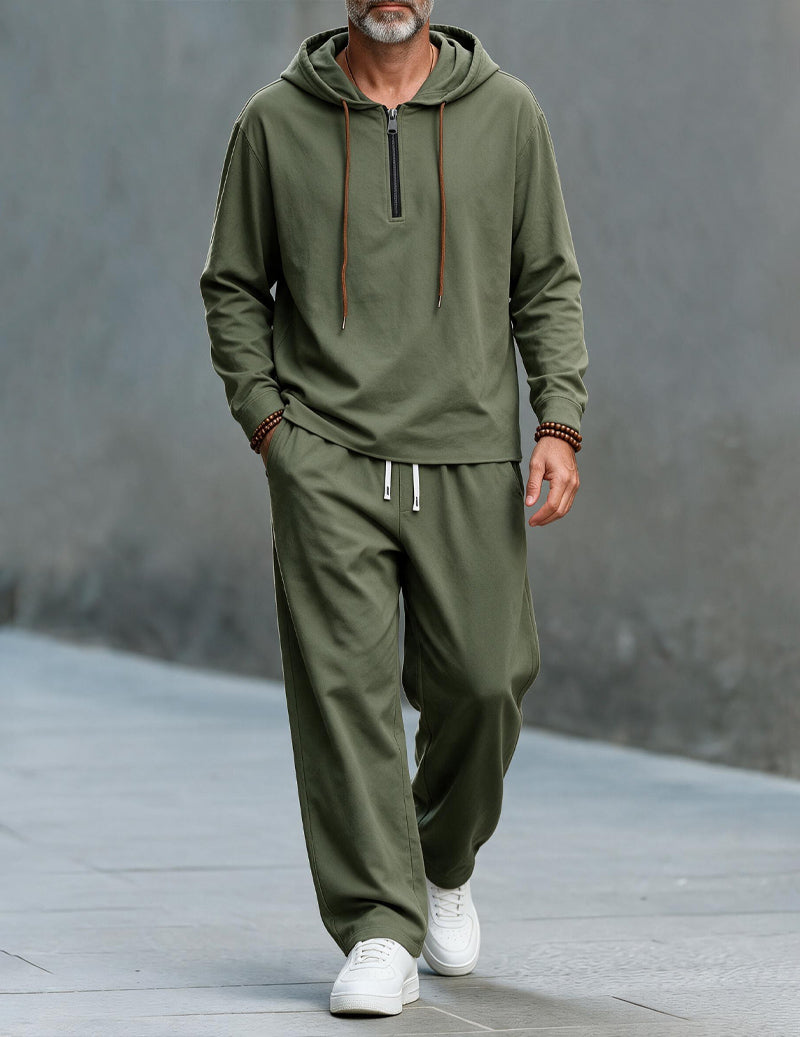 Men's zip-up hooded long sleeve top in army green — additional view