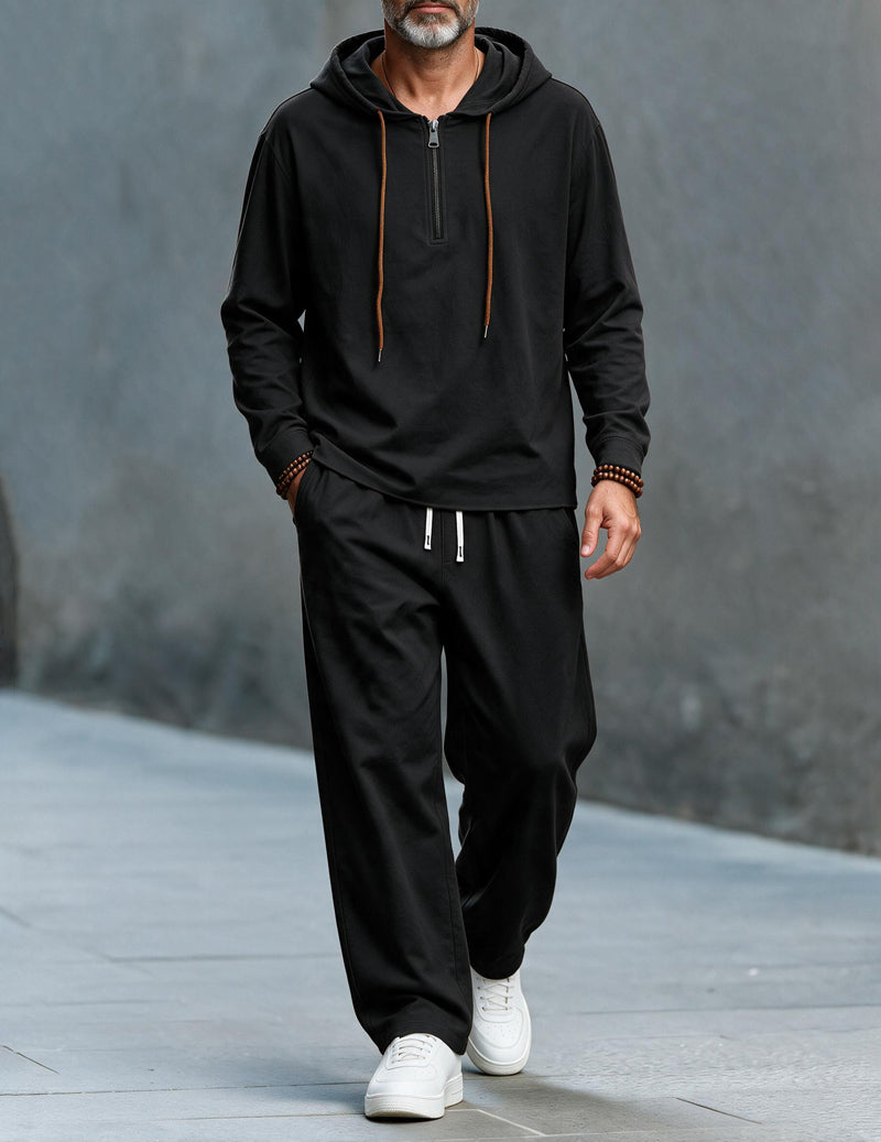 Men's zip-up hooded long sleeve top in black — additional view
