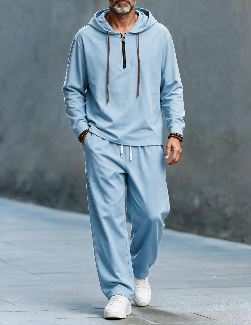 Men's zip-up hooded long sleeve top in sky blue — alternate view