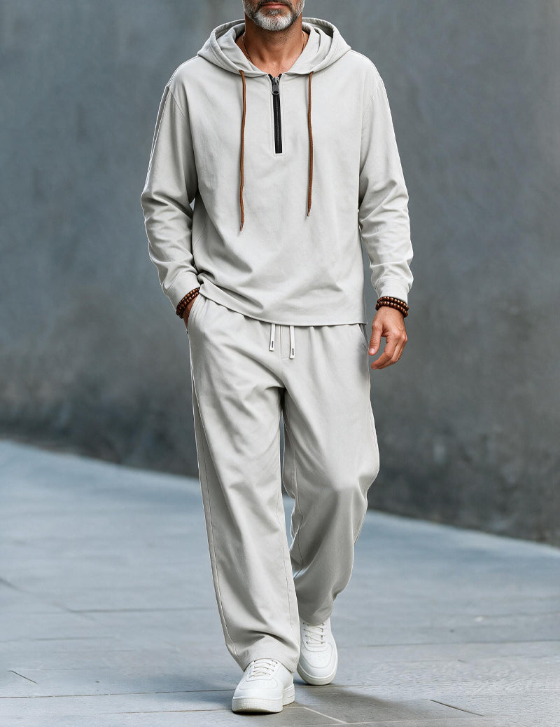 Men's zip-up hooded long sleeve top in white — detail view