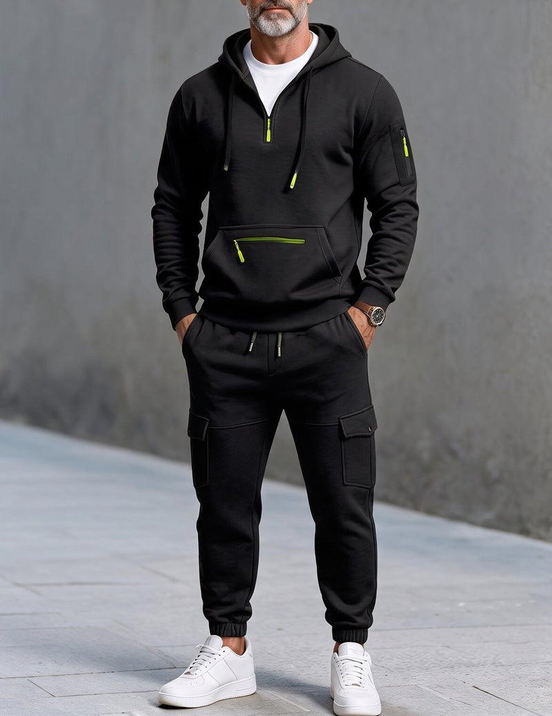 Men's color block half-zip joggers in black — detail view