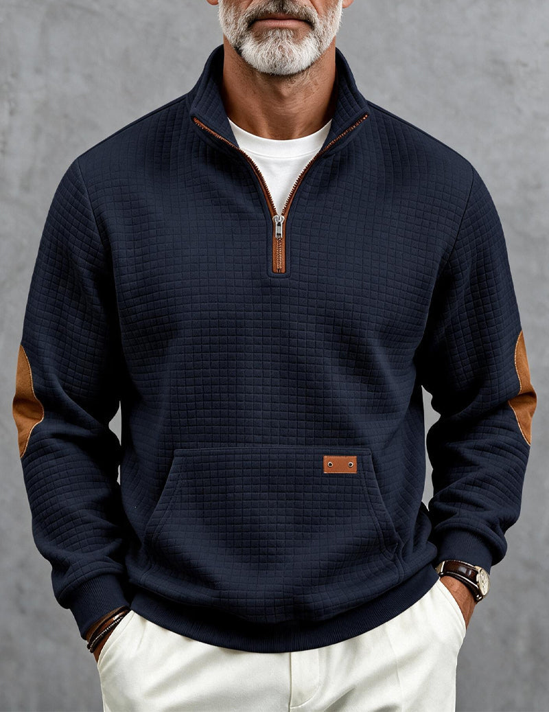 Men's color block quarter-zip sweater in navy blue — detail view