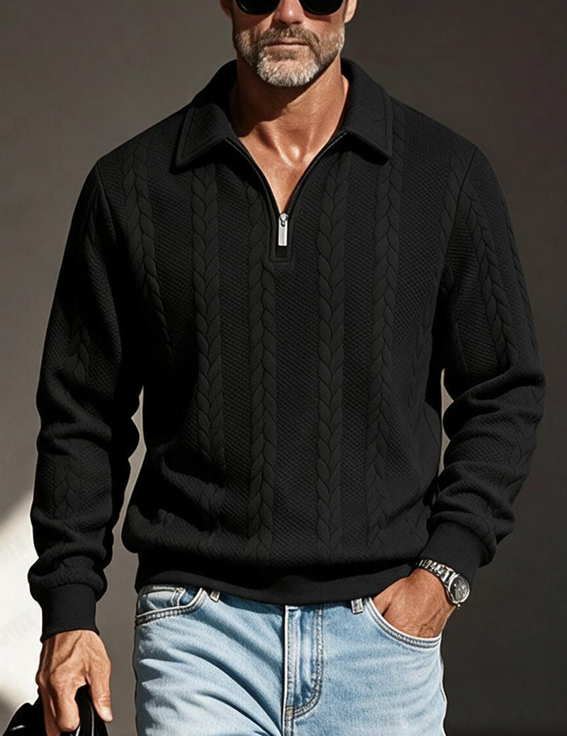 Men's polo collar quarter-zip sweater in black — additional view