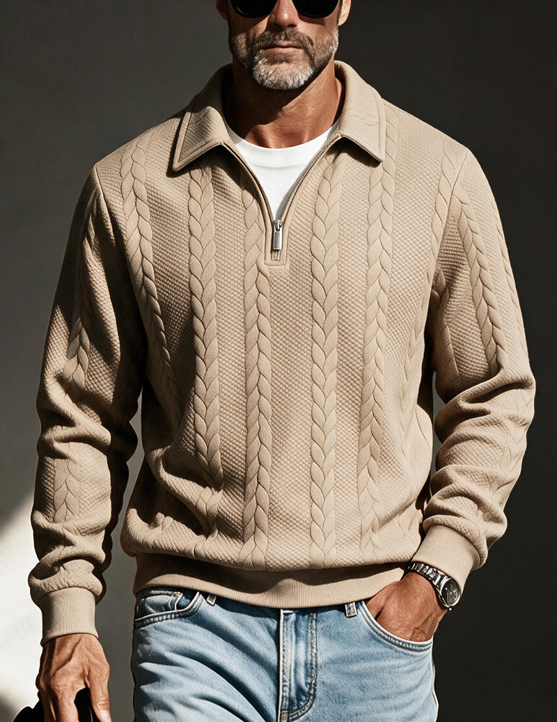 Men's polo collar quarter-zip sweater in khaki — additional view