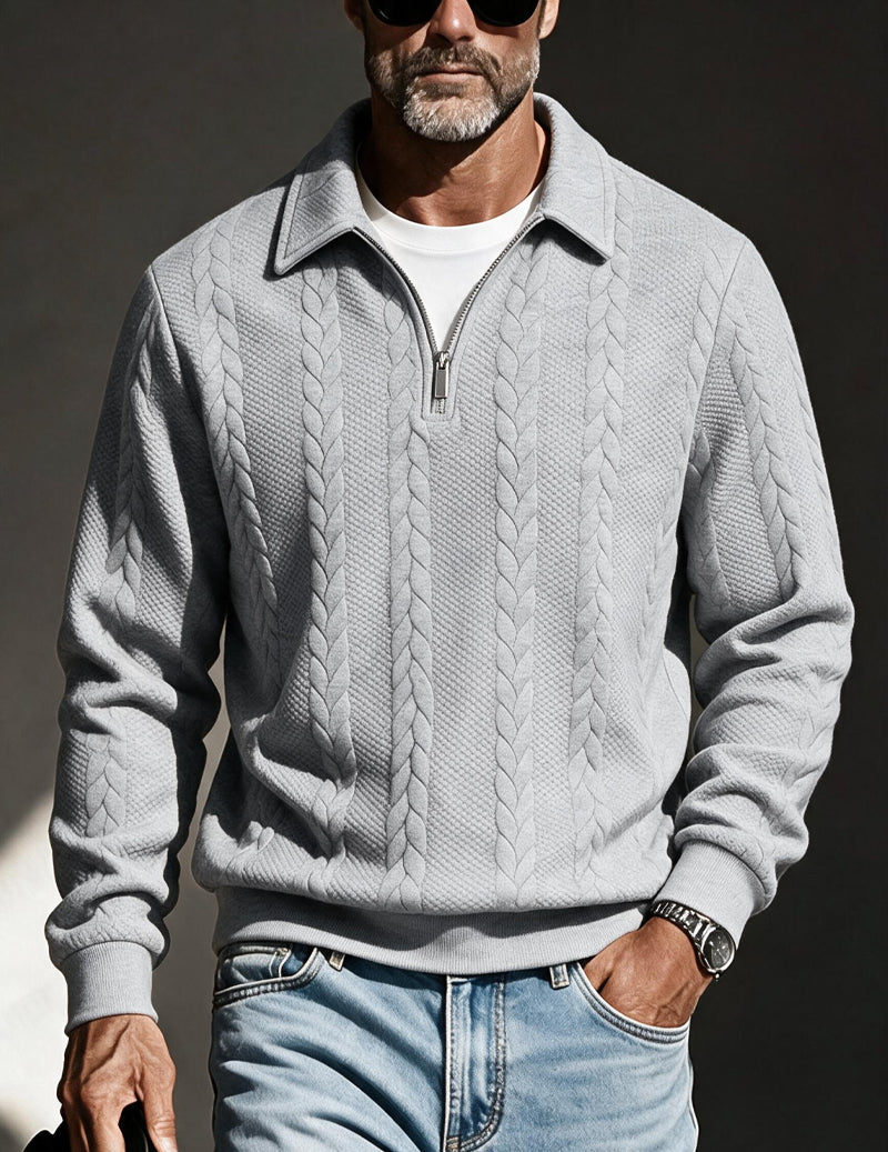 Men's polo collar quarter-zip sweater in light grey — additional view
