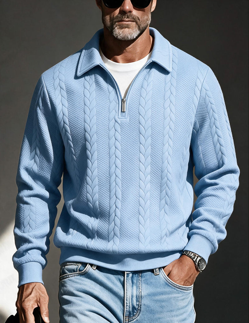 Men's polo collar quarter-zip sweater in sky blue — additional view