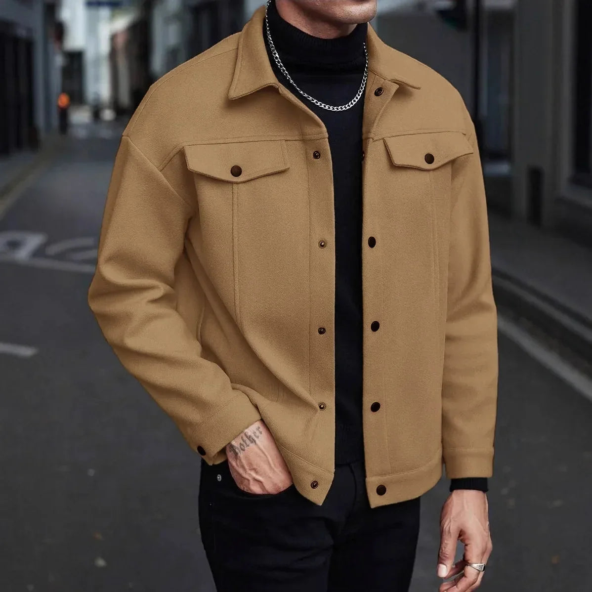 Men's wool button-up shirt jacket in brown