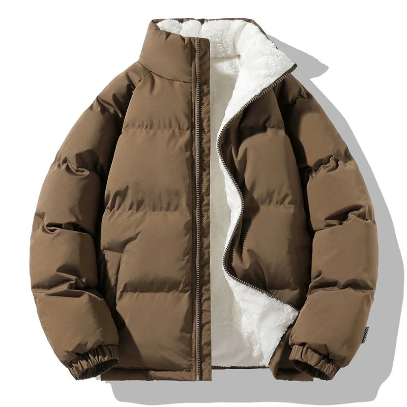 Men's relaxed zip-up down jacket — detail view