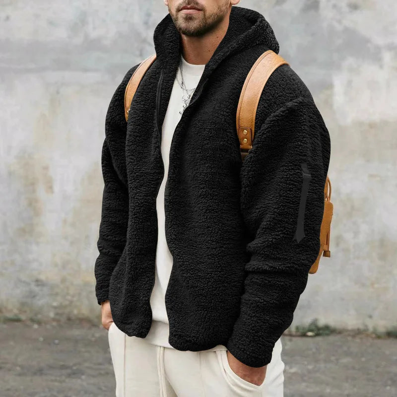 Men's zip-up relaxed-fit hooded jacket in black — detail view