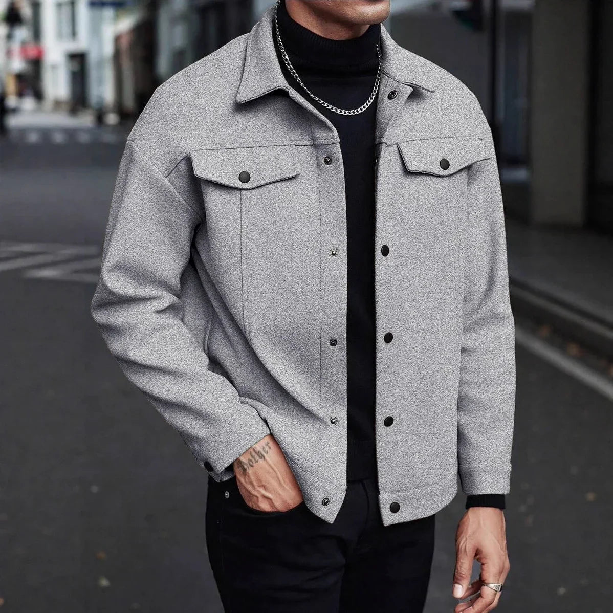 Men's wool button-up shirt jacket in gray — additional view