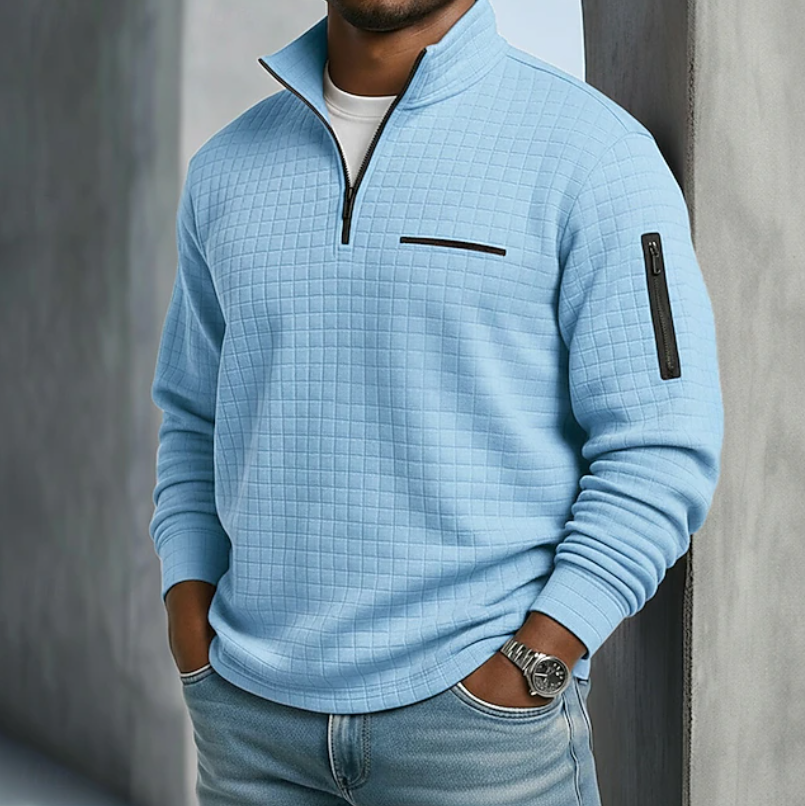 Men's waffle-knit long sleeve shirt in blue — alternate view