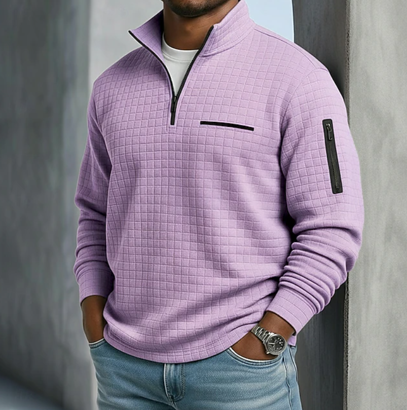 Men's waffle-knit long sleeve shirt in purple — detail view