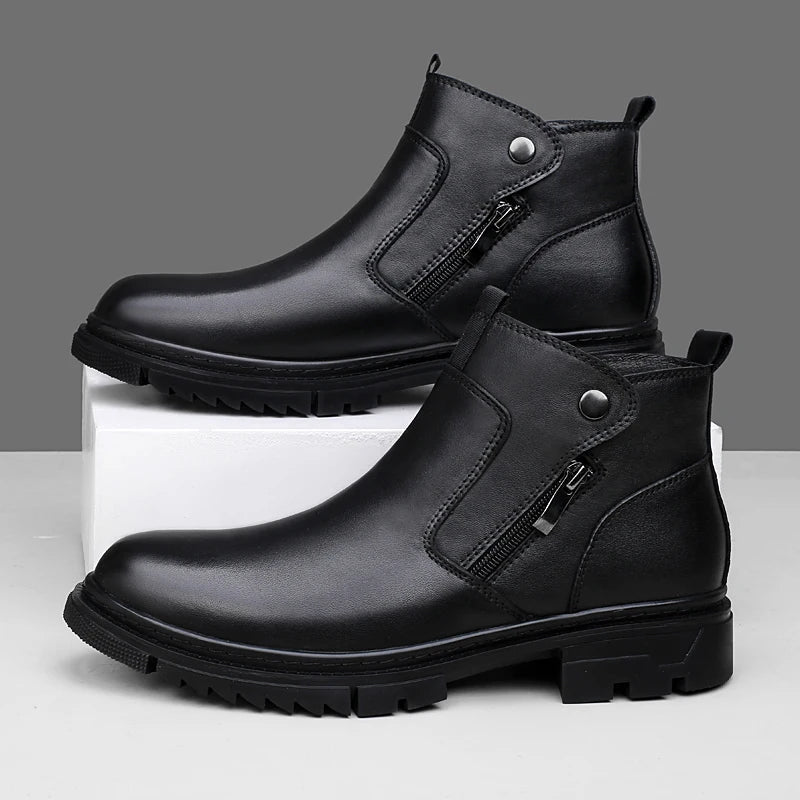Men's side-zip leather boots in black — additional view