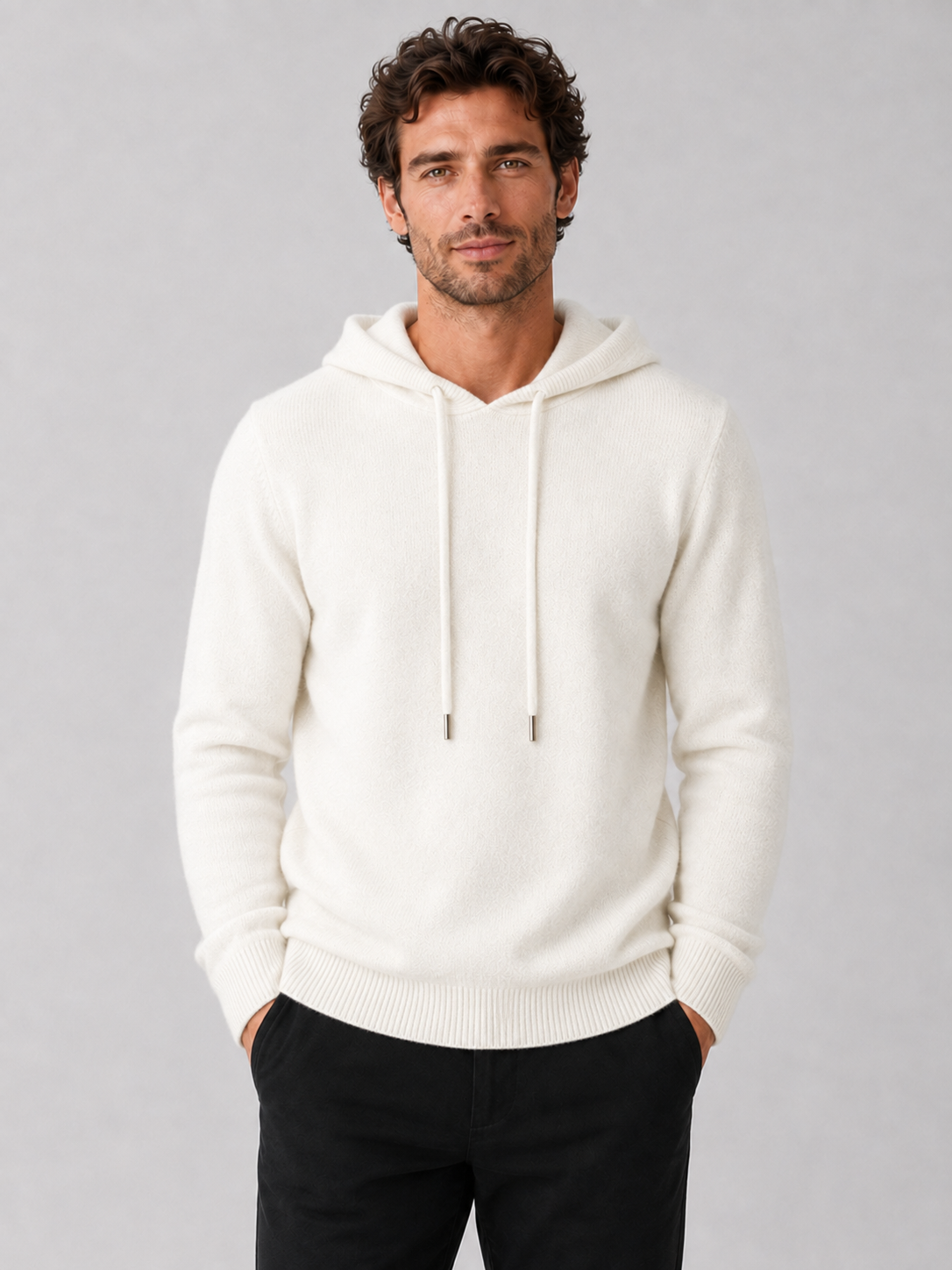 Men's hooded knit pullover sweater in white — additional view