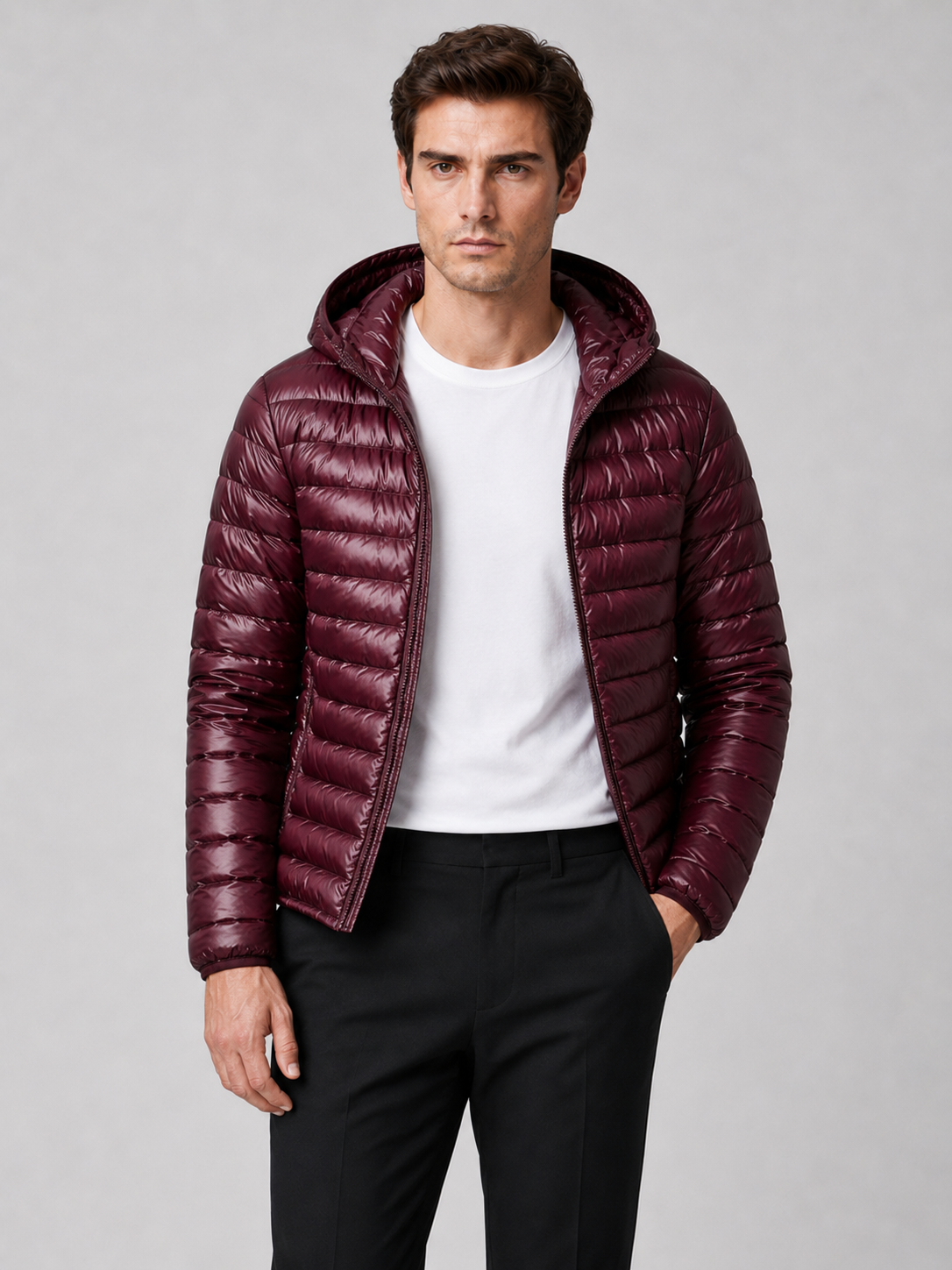 Men's lightweight hooded down jacket in wine — additional view