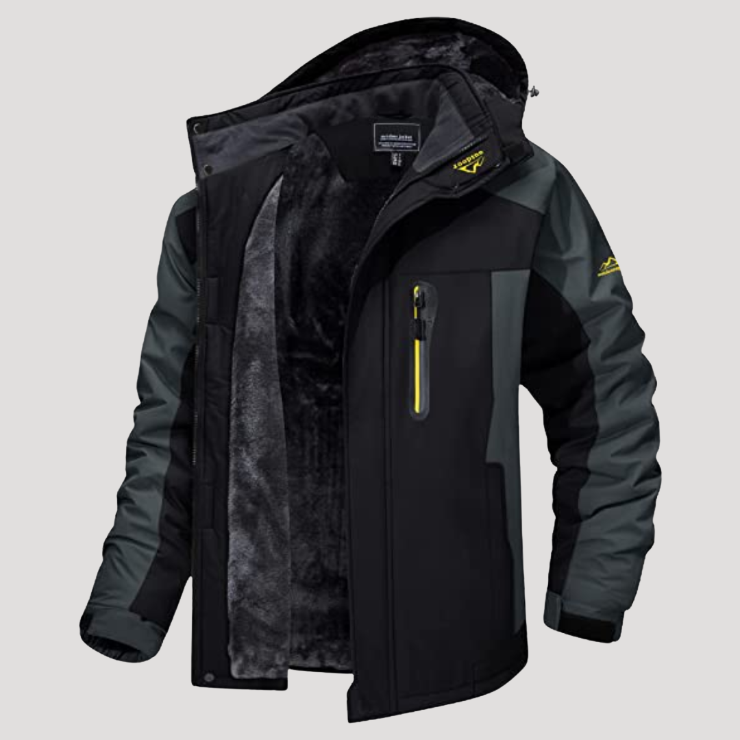 Men's waterproof hooded windbreaker jacket in black — detail view