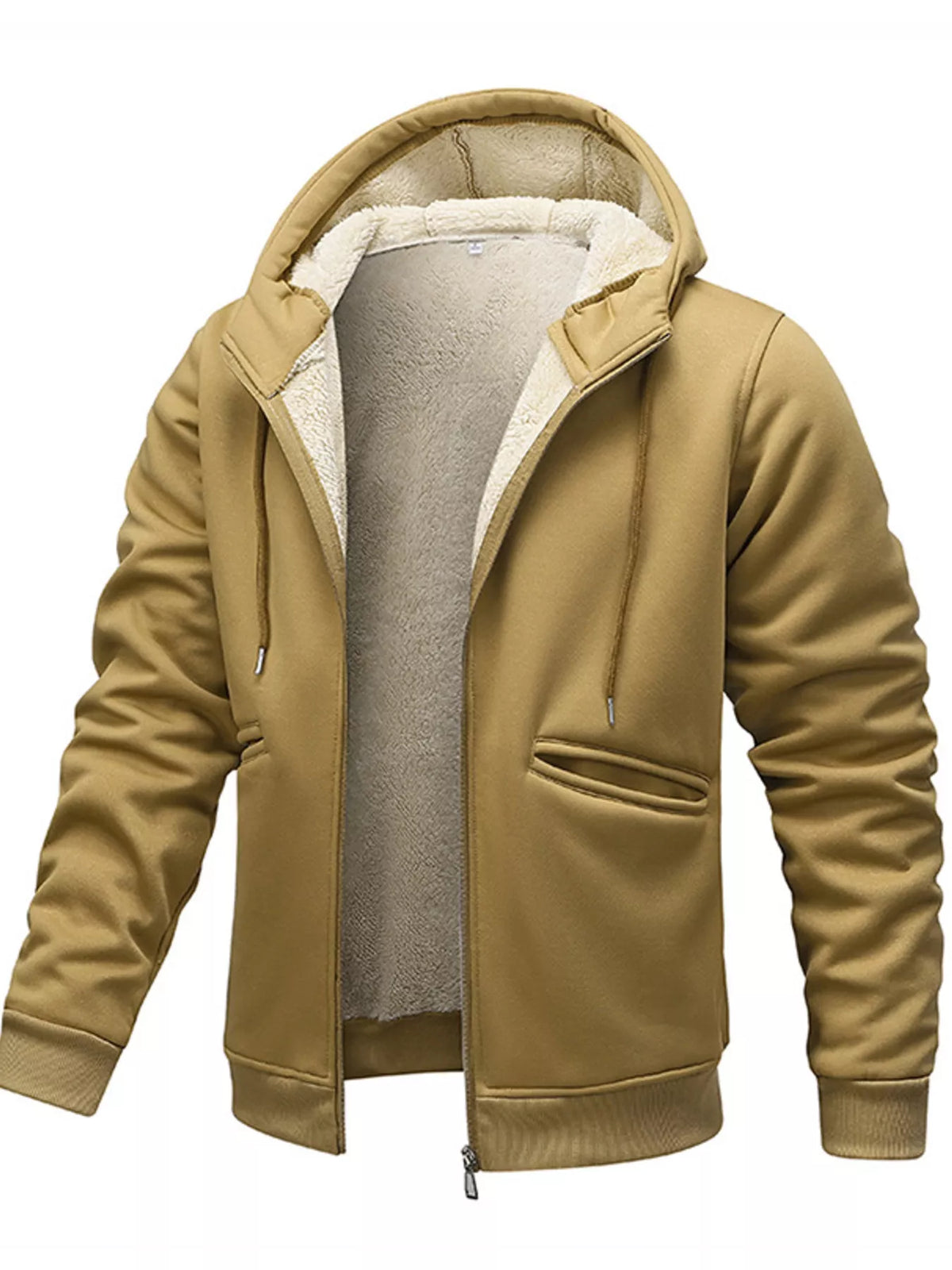 Men's zip-up fleece-lined hoodie in camel — detail view
