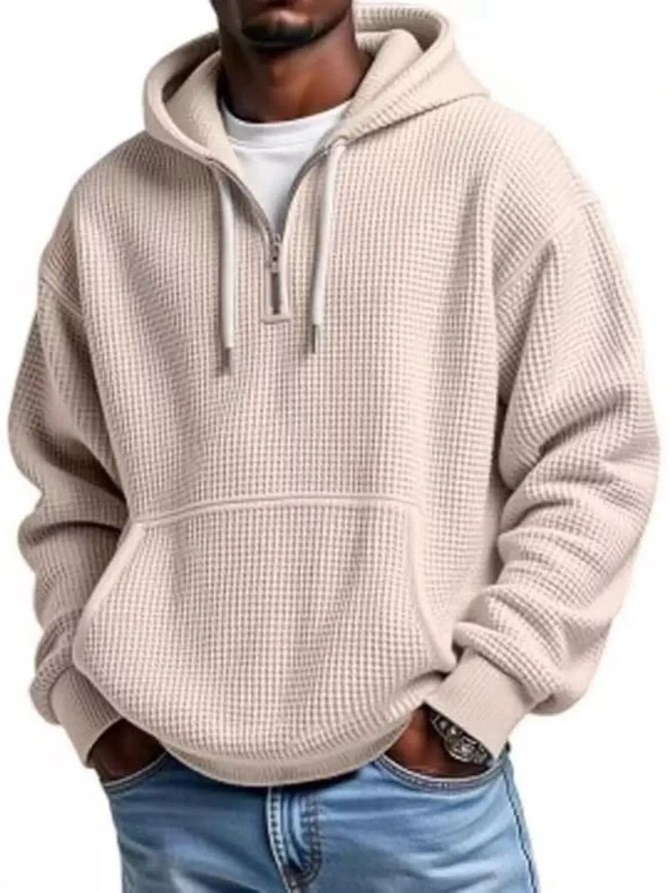 Men's half-zip waffle-knit hoodie in beige — alternate view