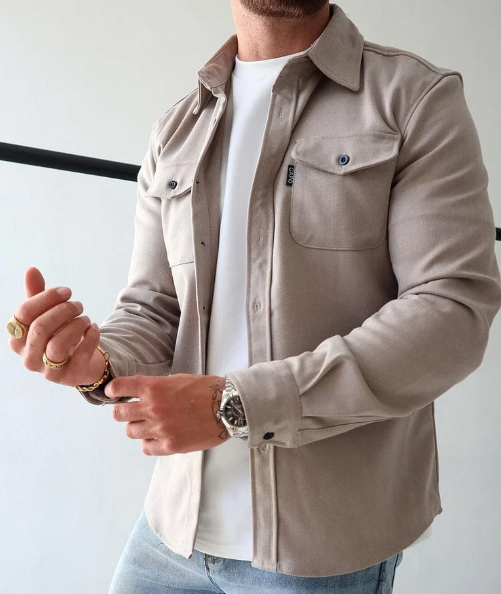 Men's chest pocket button shirt jacket in beige — alternate view