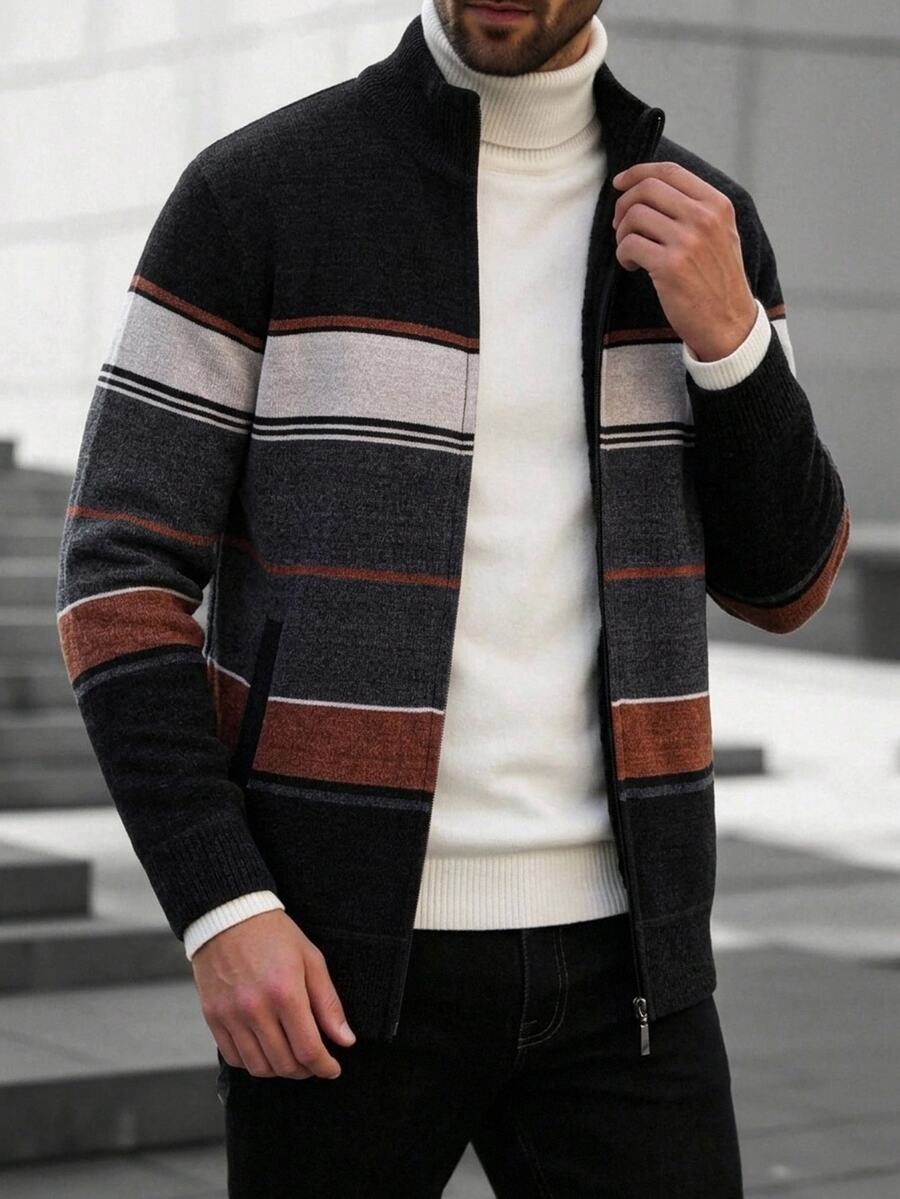Men's color block ribbed cardigan in black — additional view