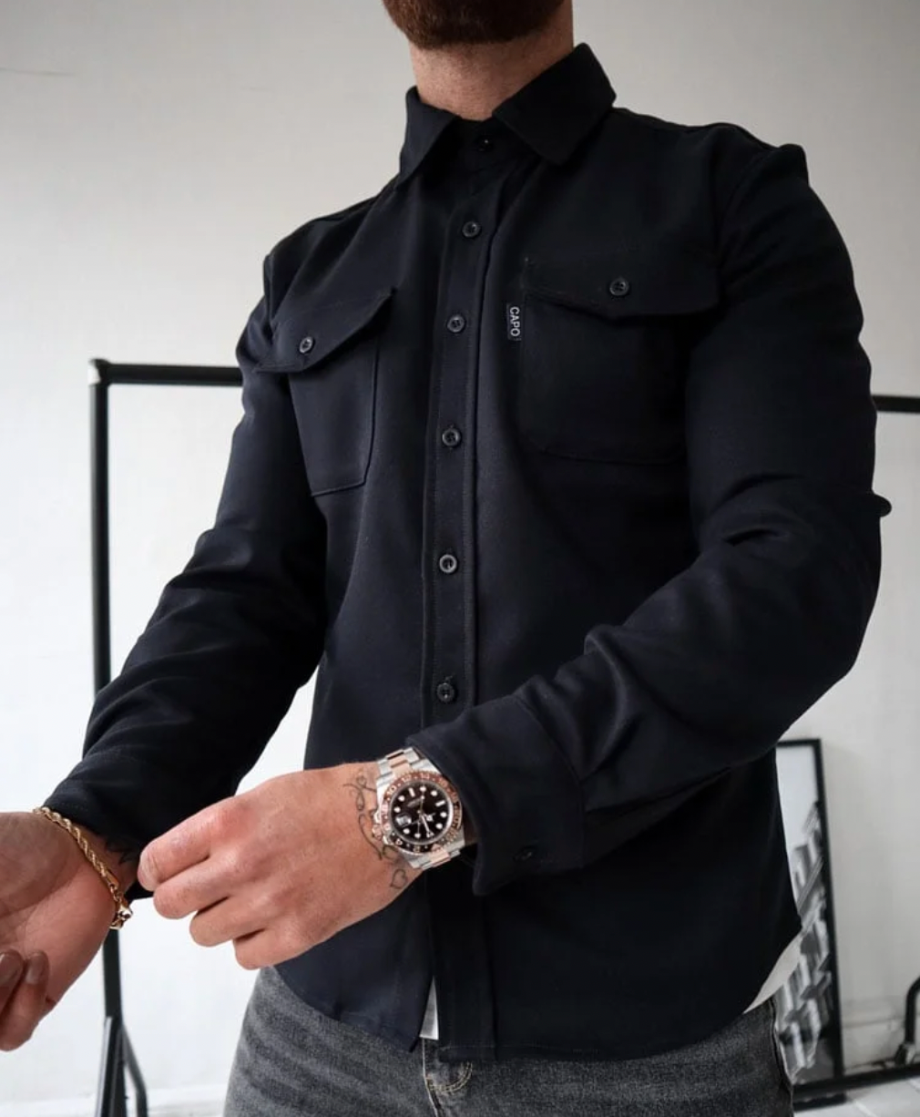 Men's chest pocket button shirt jacket in black — additional view