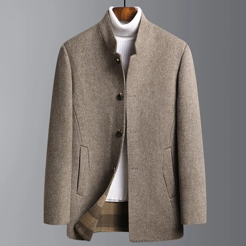 Men's stand-collar button-up coat in brown