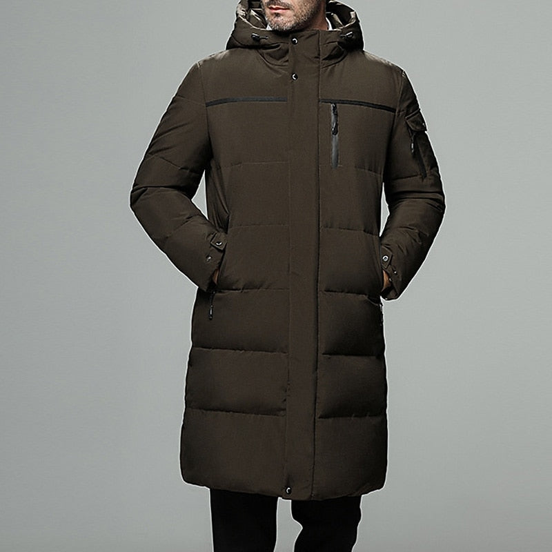 Men's hooded longline puffer coat in green — additional view