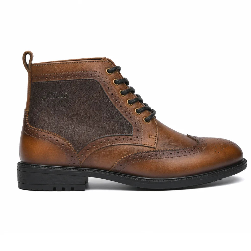 Men's burnished wingtip leather boots