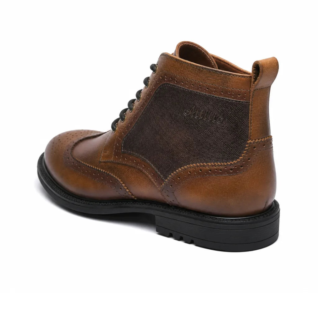 Men's burnished wingtip leather boots — detail view