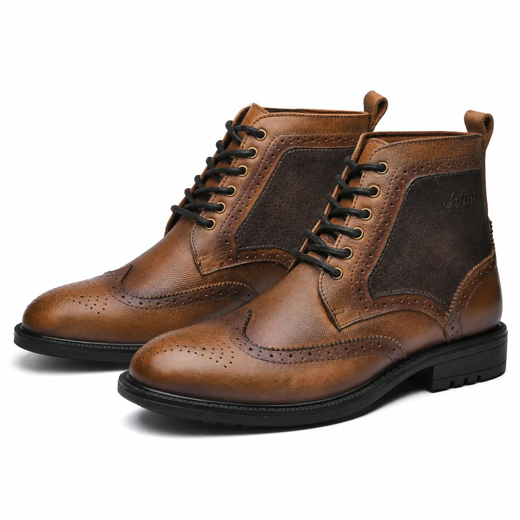 Men's burnished wingtip leather boots in brown — additional view