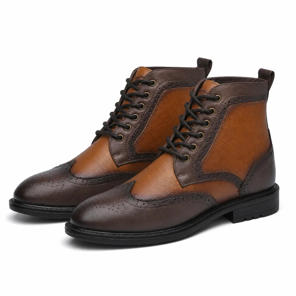 Men's burnished wingtip leather boots in chestnut — additional view