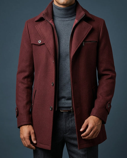 Men's ribbed collar wool overcoat in wine — alternate view