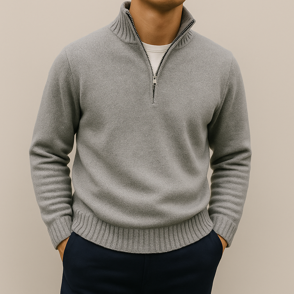 Men's stand-collar quarter-zip sweater in lightgrey