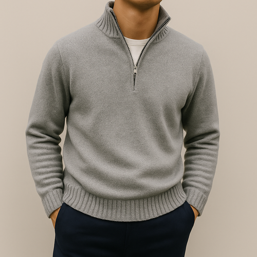 Men's stand-collar quarter-zip sweater in lightgrey