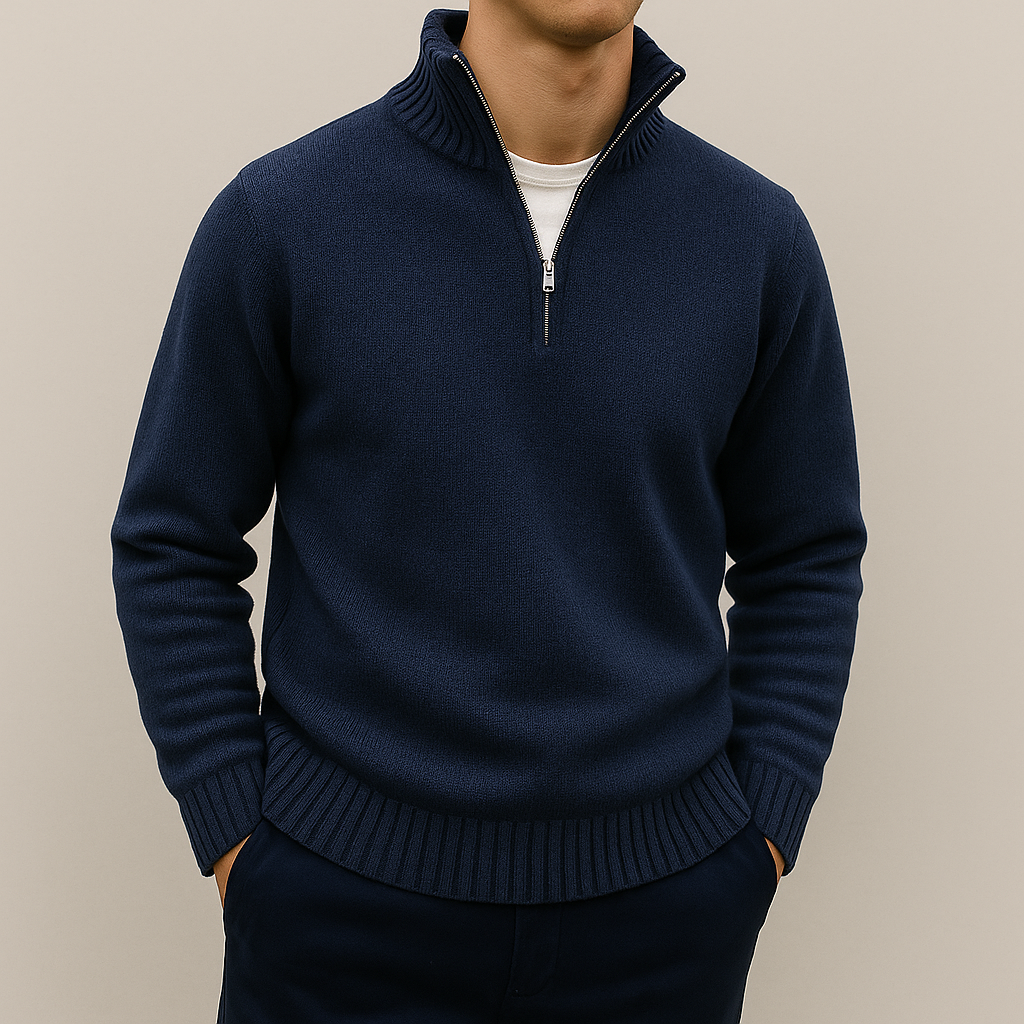 Men's stand-collar quarter-zip sweater in darkblue — additional view