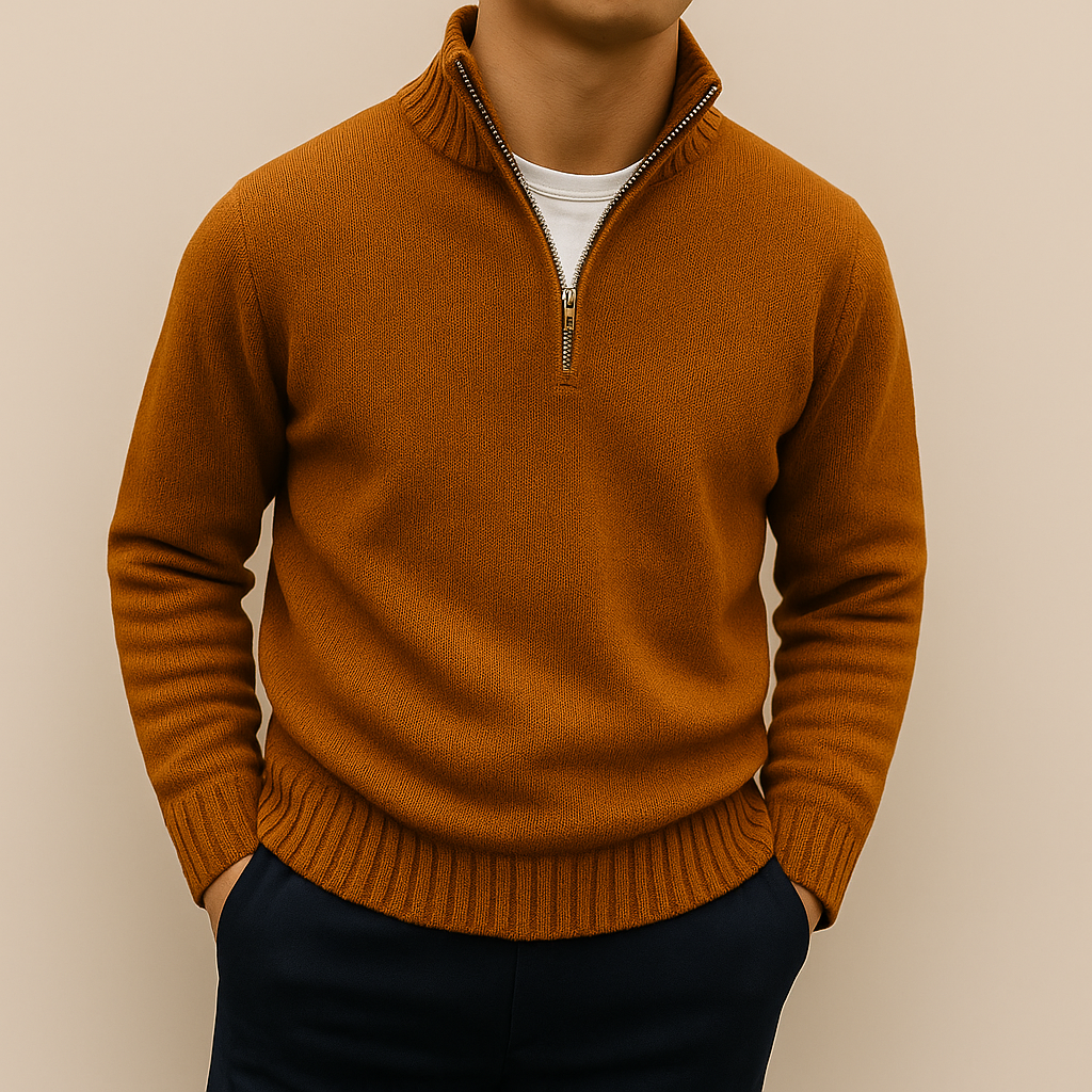 Men's stand-collar quarter-zip sweater in brown — additional view