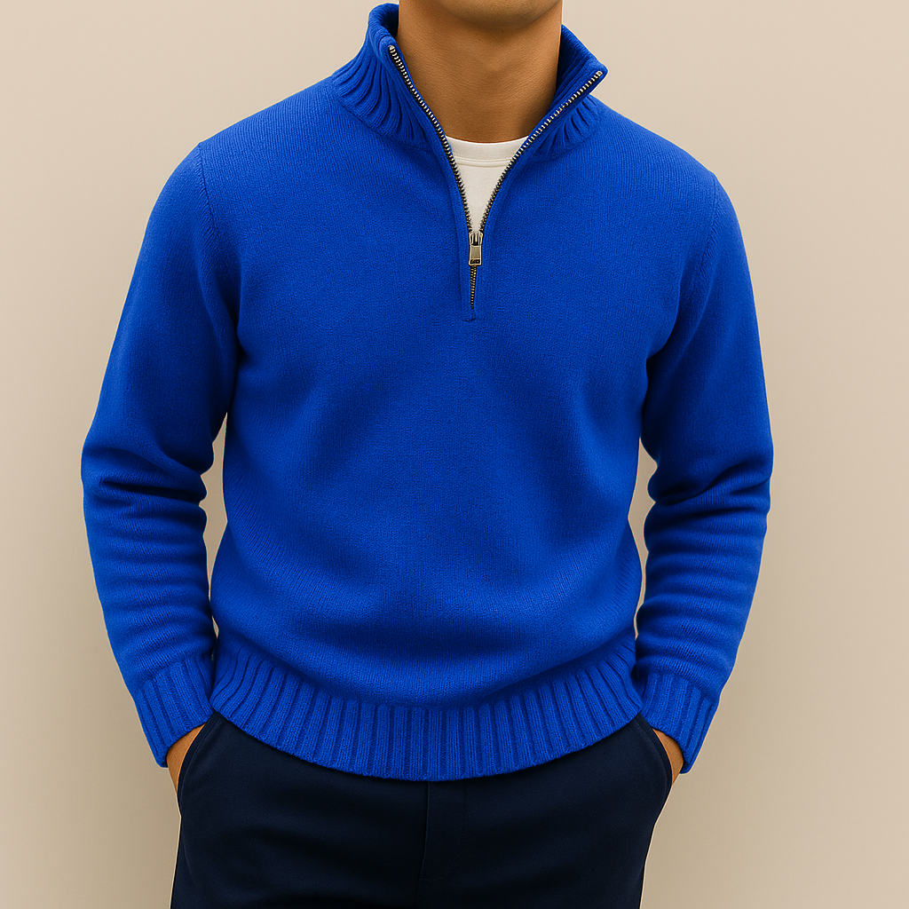 Men's stand-collar quarter-zip sweater in blue — additional view