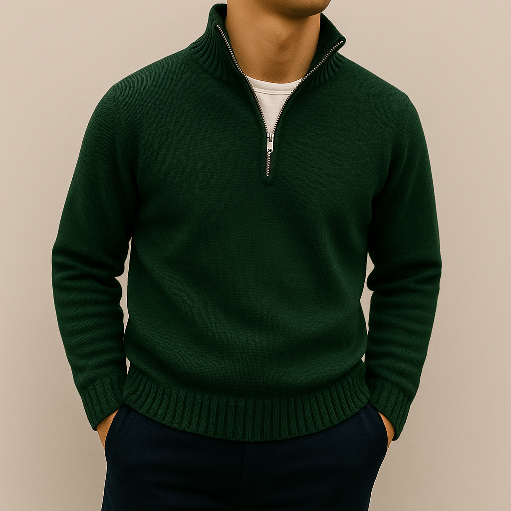 Men's stand-collar quarter-zip sweater in green — additional view