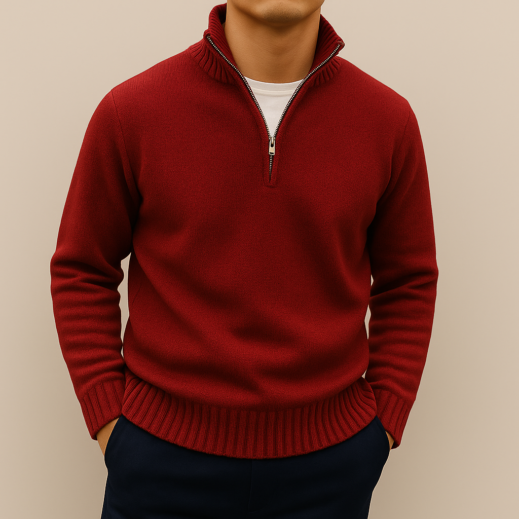 Men's stand-collar quarter-zip sweater in red — additional view