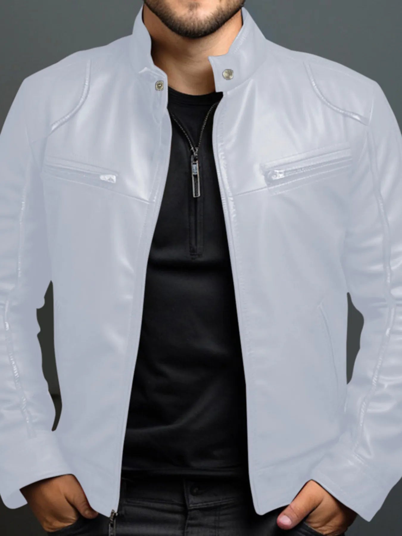 Men's zip-front faux leather biker jacket in white — additional view