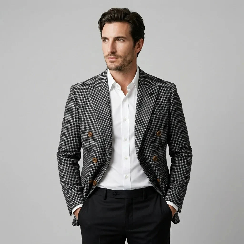 Men's double-breasted checked blazer in gray — additional view