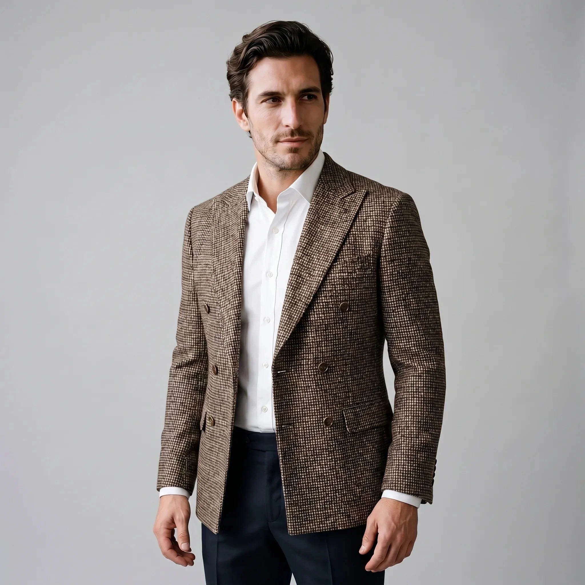 Men's double-breasted checked blazer in brown — alternate view