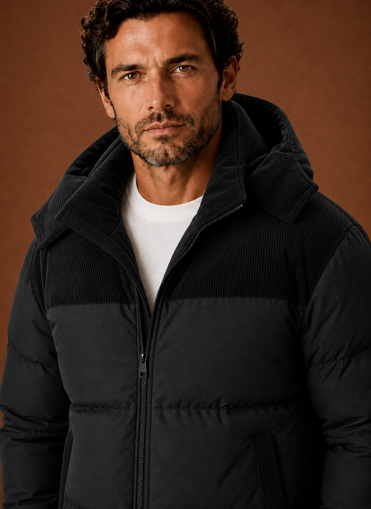Men's corduroy collar hooded puffer jacket — additional view