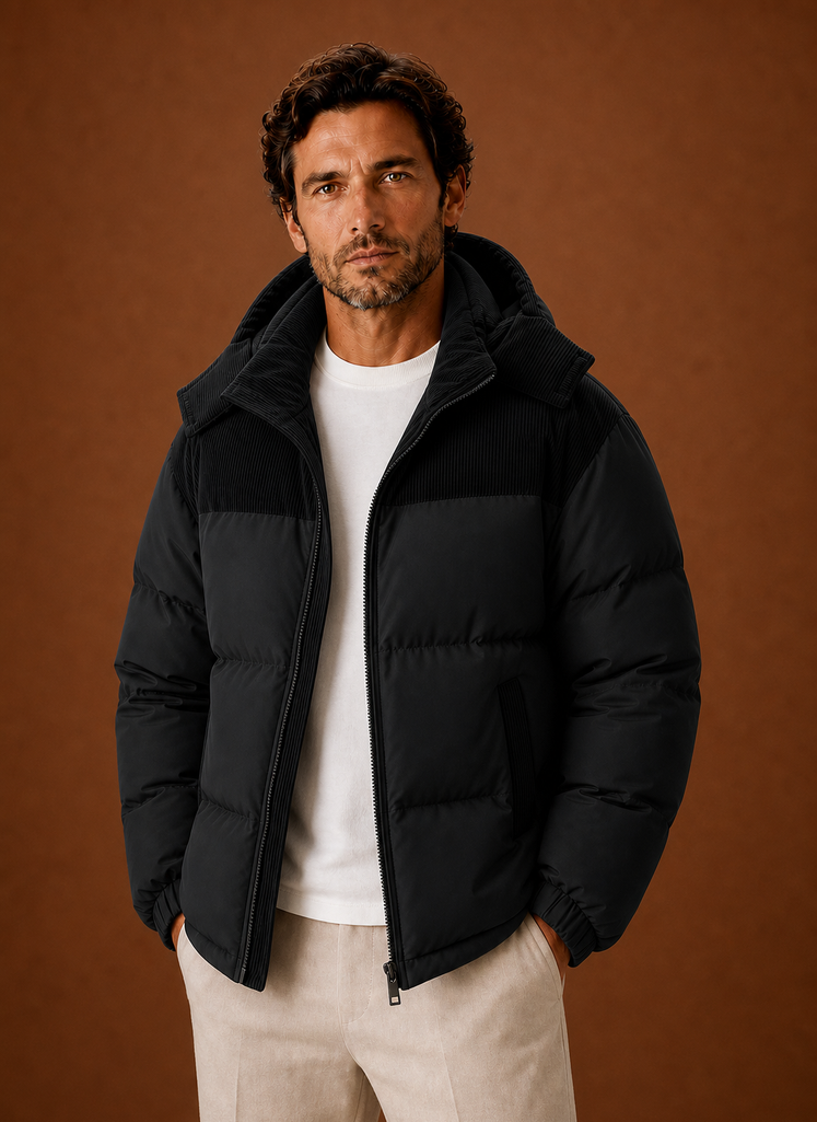 Men's corduroy collar hooded puffer jacket in black — additional view