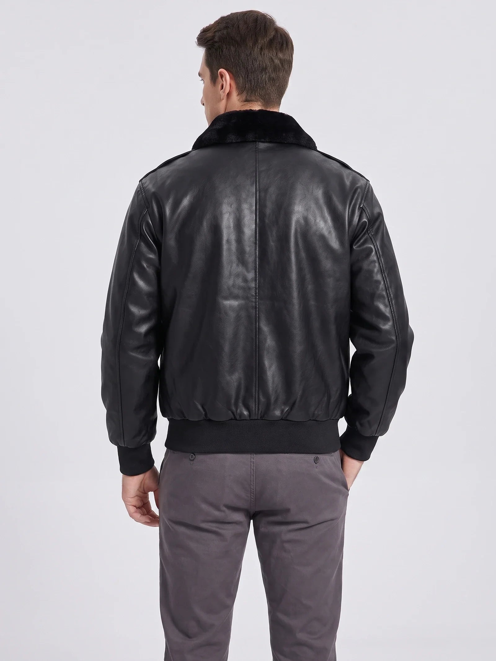 Men's padded faux leather bomber jacket — detail view