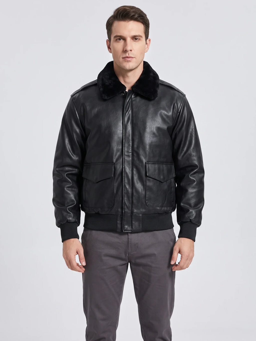 Men's padded faux leather bomber jacket in black