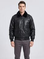 Men's padded faux leather bomber jacket in black