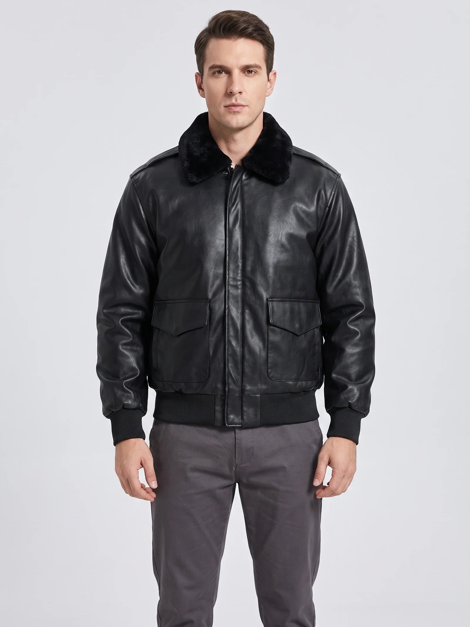 Men's padded faux leather bomber jacket in black