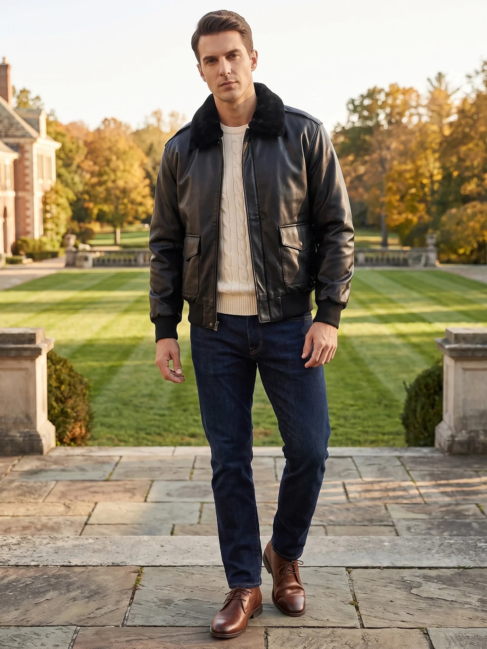 Men's padded faux leather bomber jacket — additional view